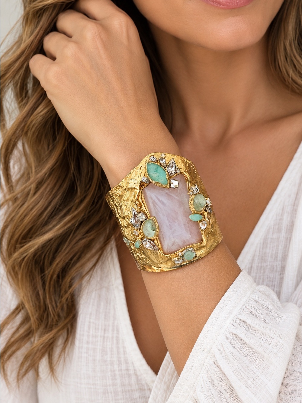 Alexis Bittar Gold Statement Cuff Bracelet Crystal Multi Stone